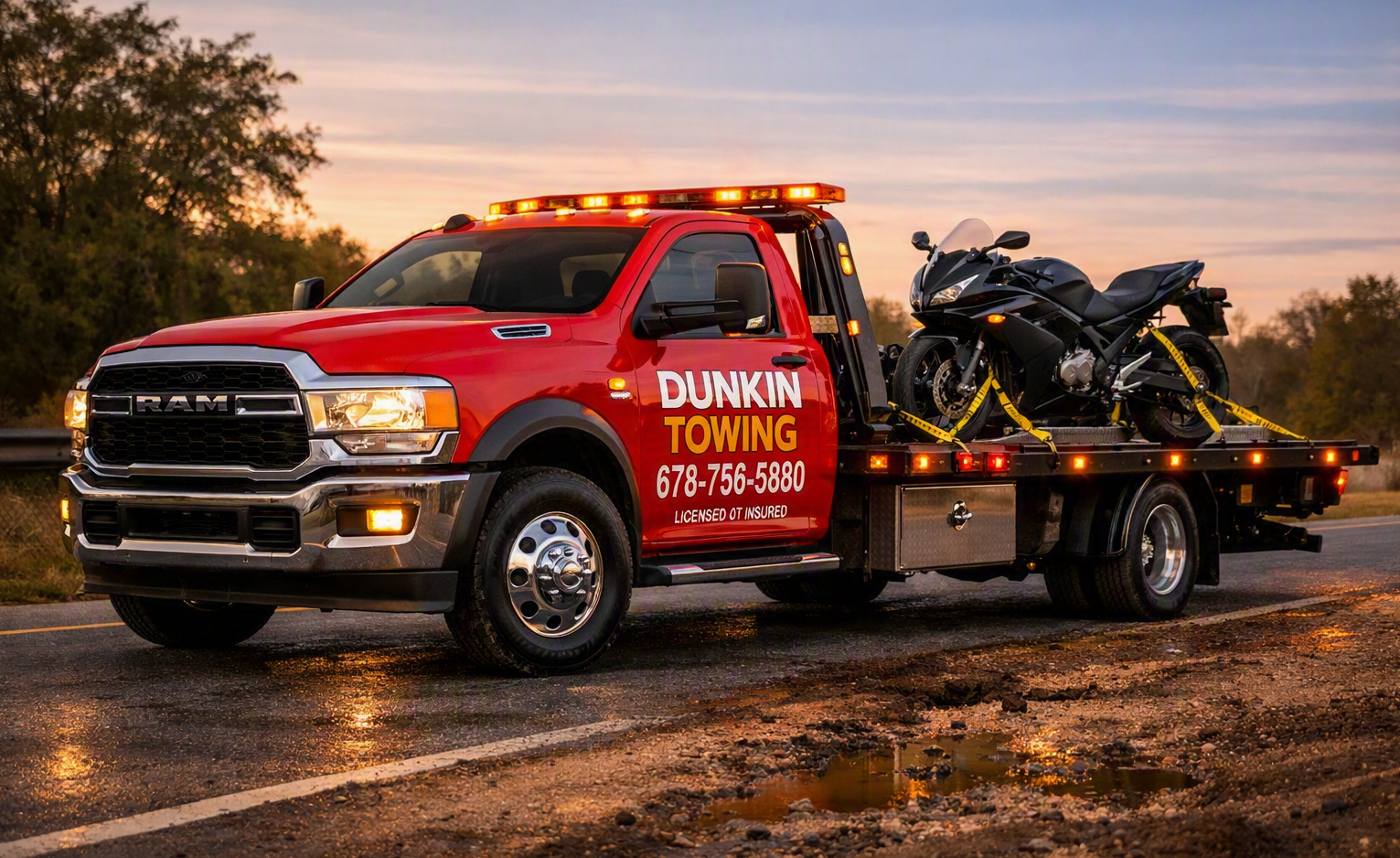 Dunkin Towing truck hauling a motorcycle