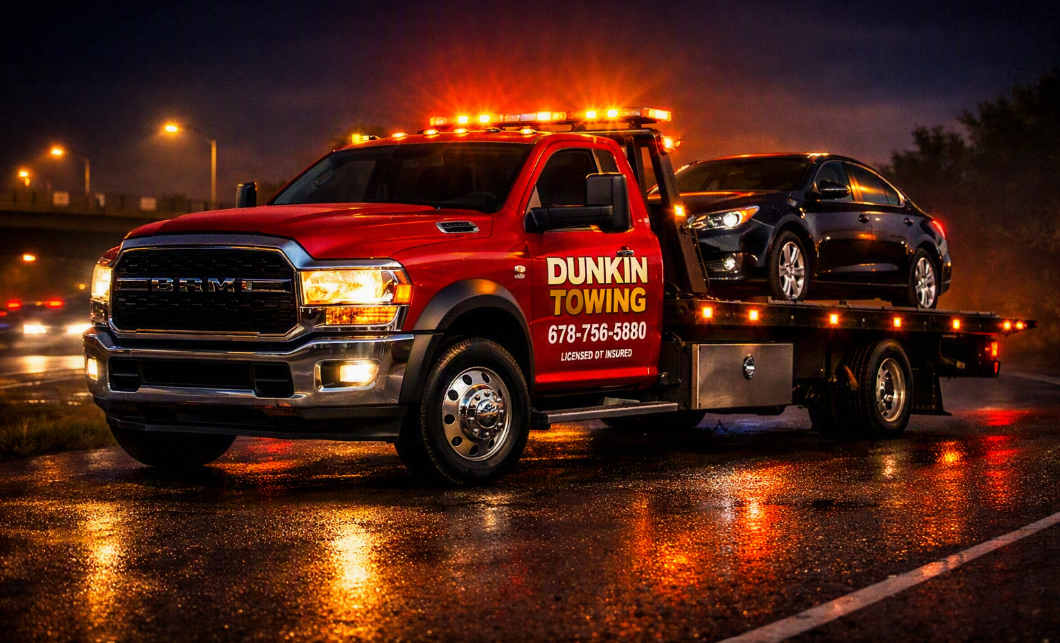 Dunkin Towing truck responding to an emergency call at night
