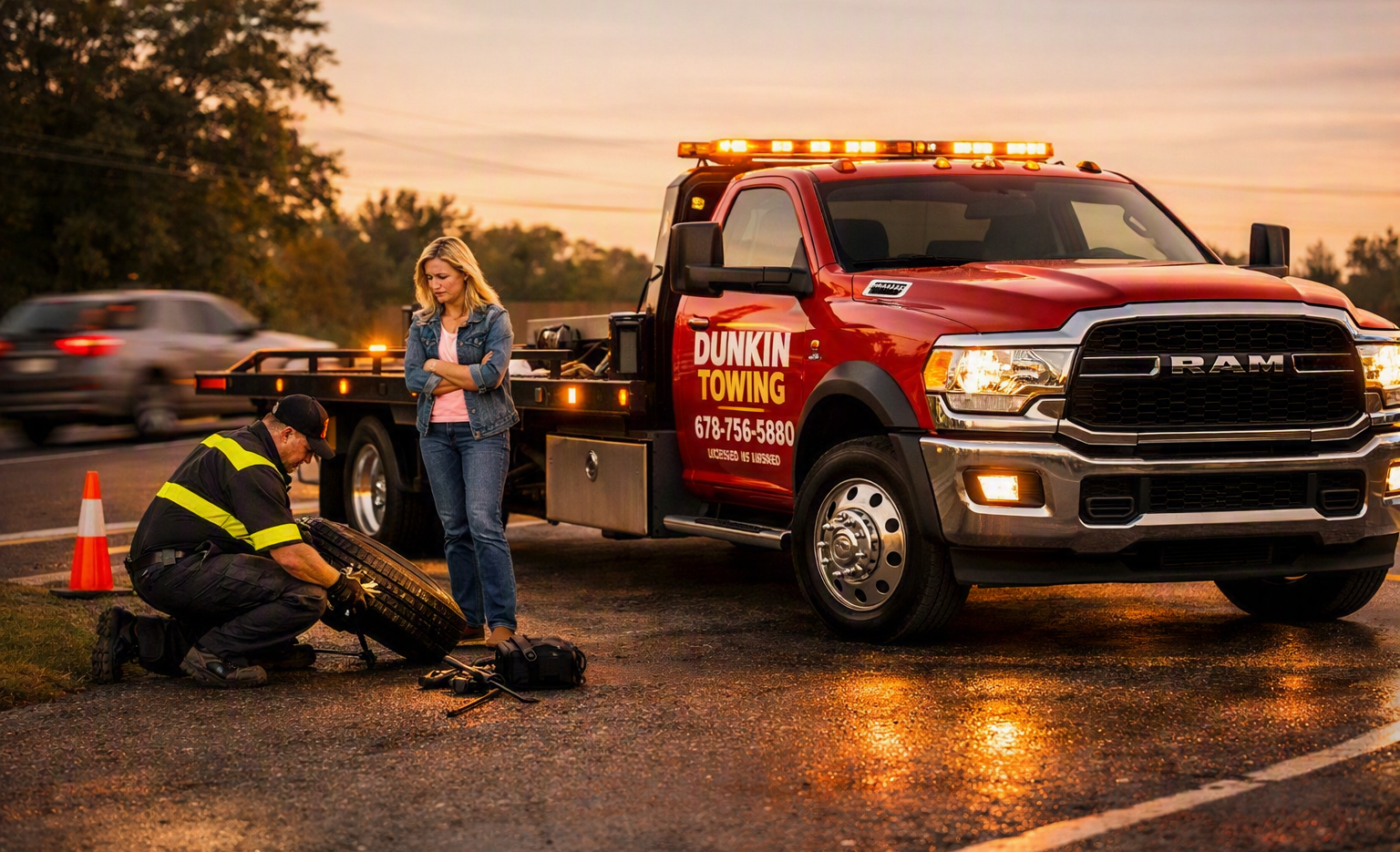 Dunkin Towing technician assisting a stranded driver