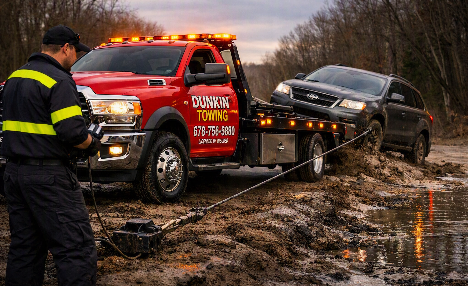 Dunkin Towing recovering a vehicle stuck off-road
